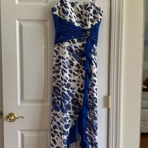 Blue Leopard Print Prom Dress w/ ruffled train
